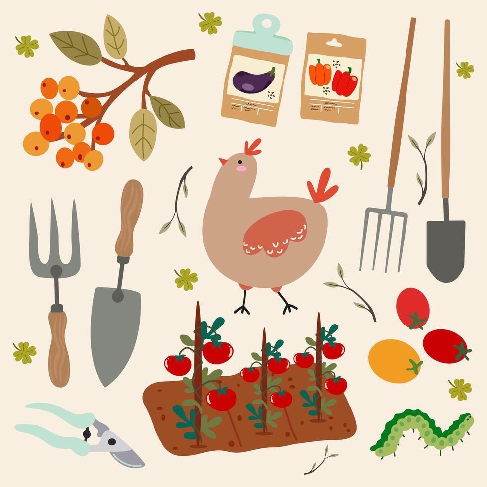 Gardening and countryside lifestyle. Agriculture cartoon icons collection. Rural life, growing vegetables, flowers, garden equipment, caring for farm animals vector