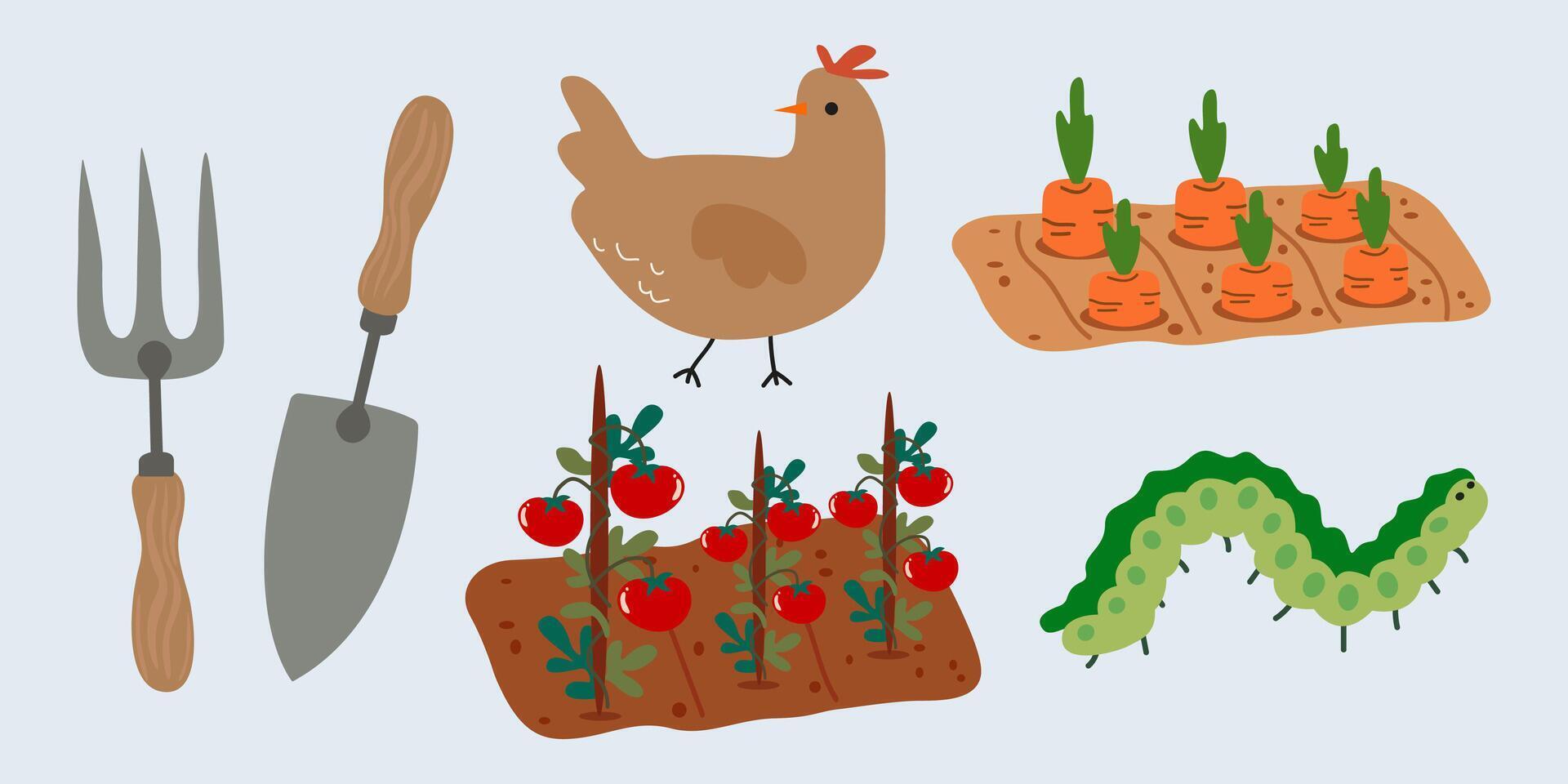 Agriculture objects cartoon isolated collection. Rural life, growing vegetables, fruits and flowers, caring for farm animals. Gardening and countryside lifestyle. Spring hobby vector
