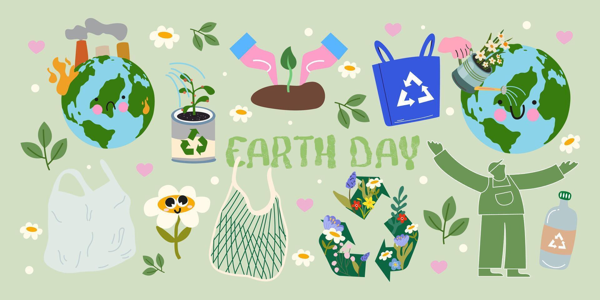 International Mother Earth Day set elements. Nature and environmental protection. Eco friendly cartoon stickers. No plactic, eco bag, zero waste, grow plants vector