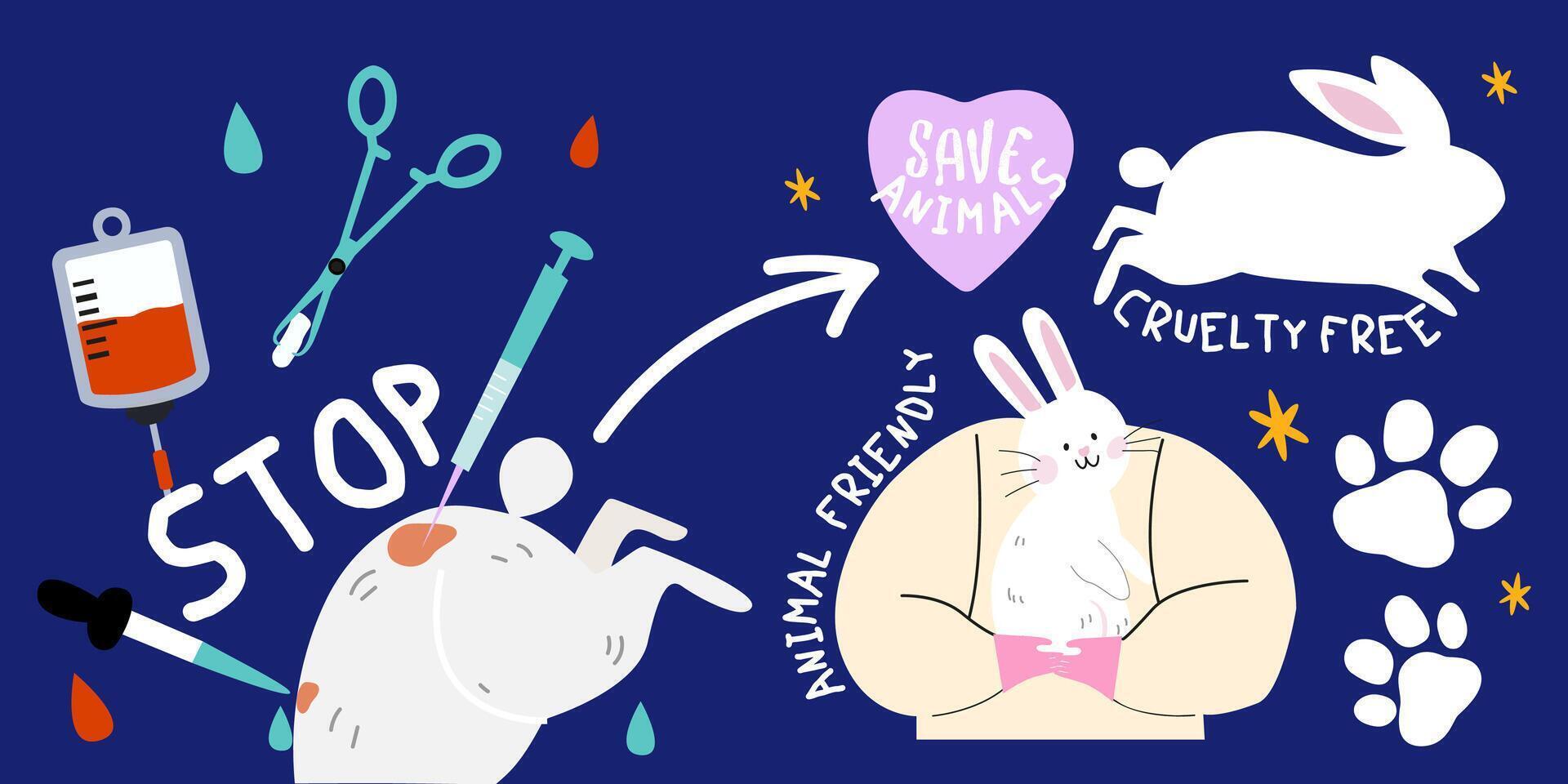 Stop animal testing illustration. Cruelty free cartoon poster with white rabbit vector