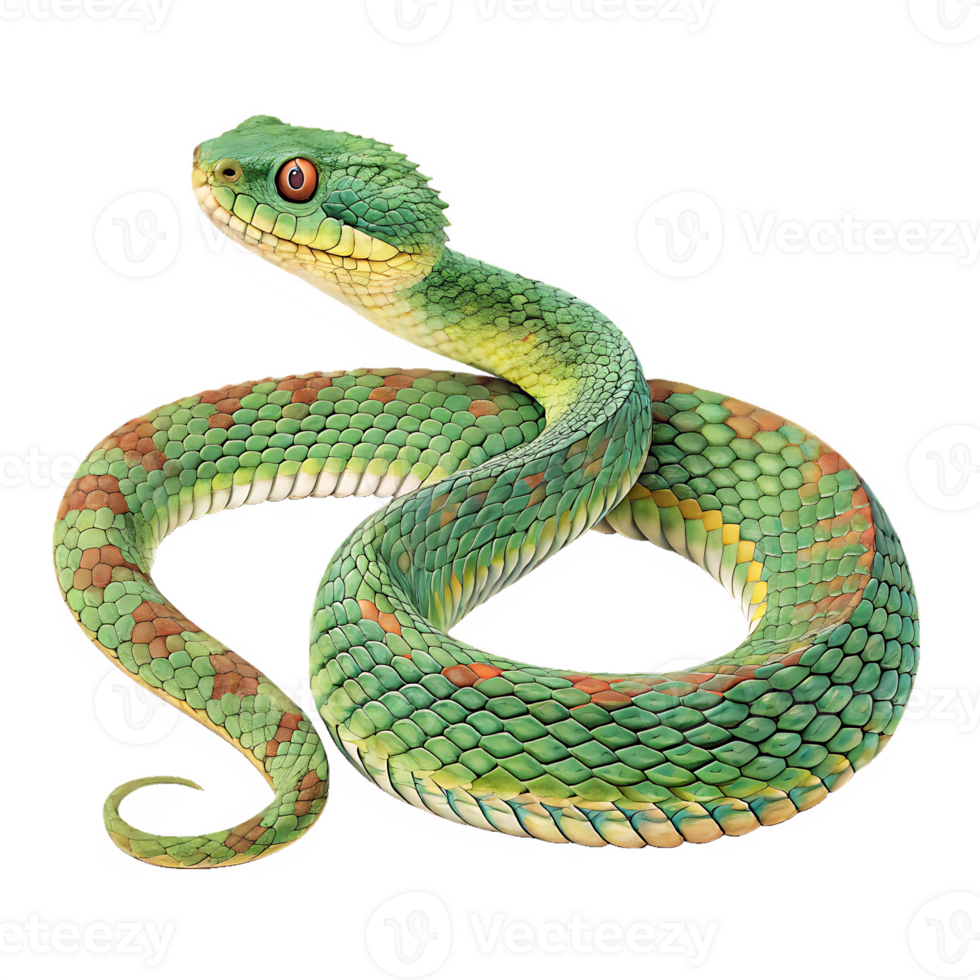 Venomous Pit Viper Snake, Vibrant Green and Orange Scales, Isolated Studio Shot png