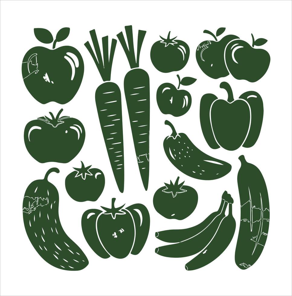 Artisanal Hand-Drawn Fruit and Vegetable Silhouettes in Rustic Style vector