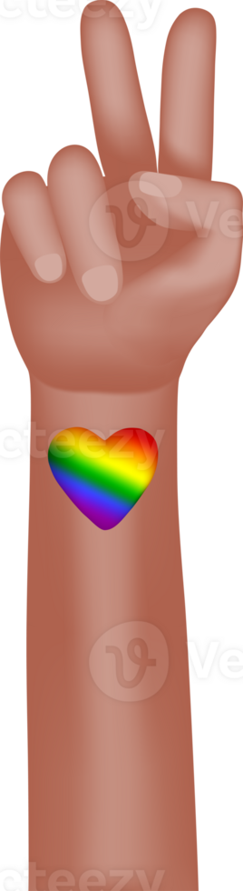 Hand making a peace sign with a rainbow heart tattoo. Isolated on transparent background. png