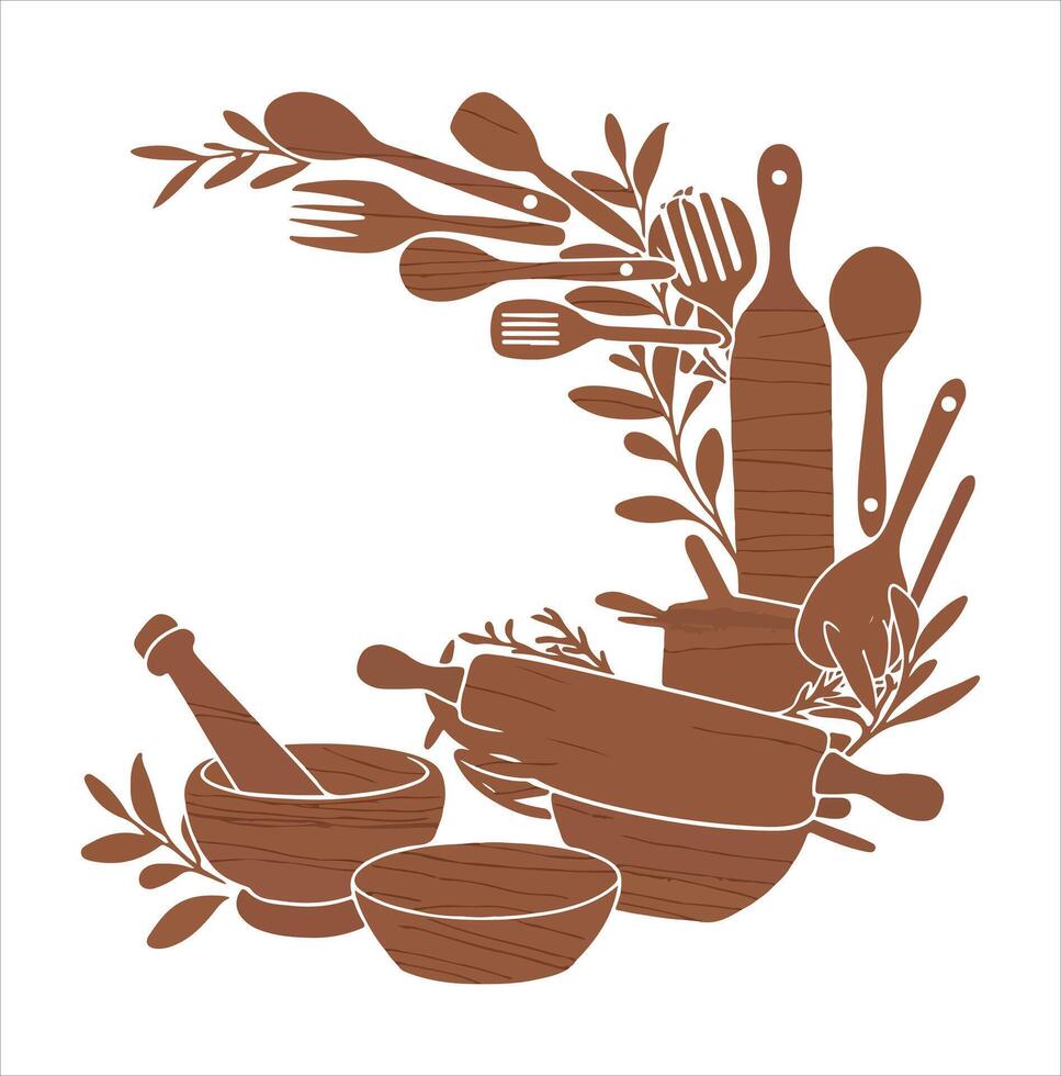 Artisanal Wooden Spoons and Kitchenware Handcrafted Silhouette on a white background vector