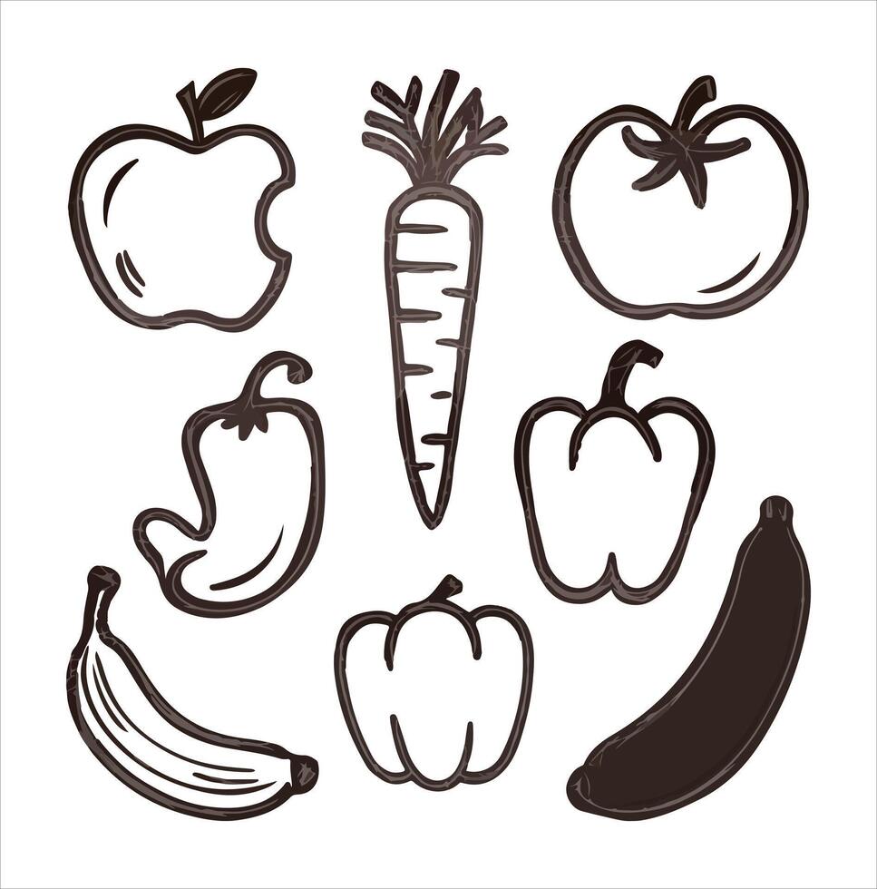Hand-Drawn Artisanal Fruit and Vegetable Silhouettes in Rustic Style vector