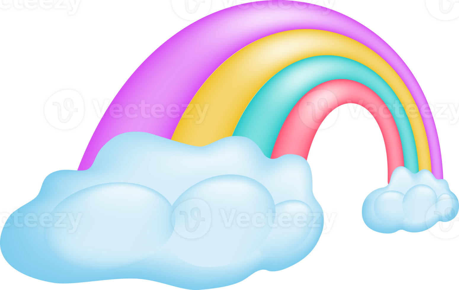 Colorful rainbow arching over fluffy blue clouds. Isolated on transparent background. png
