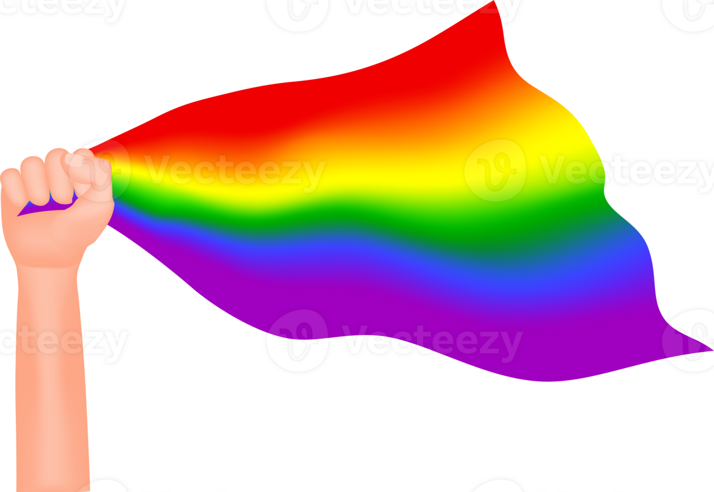 Raised fist holding a waving LGBTQ pride flag. Isolated on transparent background. png