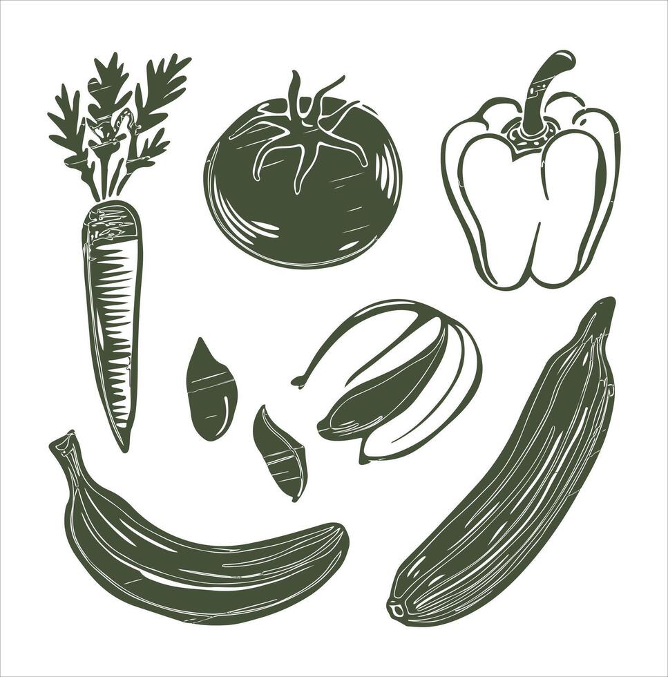 Artisanal Hand-Drawn Fruit and Vegetable Silhouettes in Rustic Style clean design vector