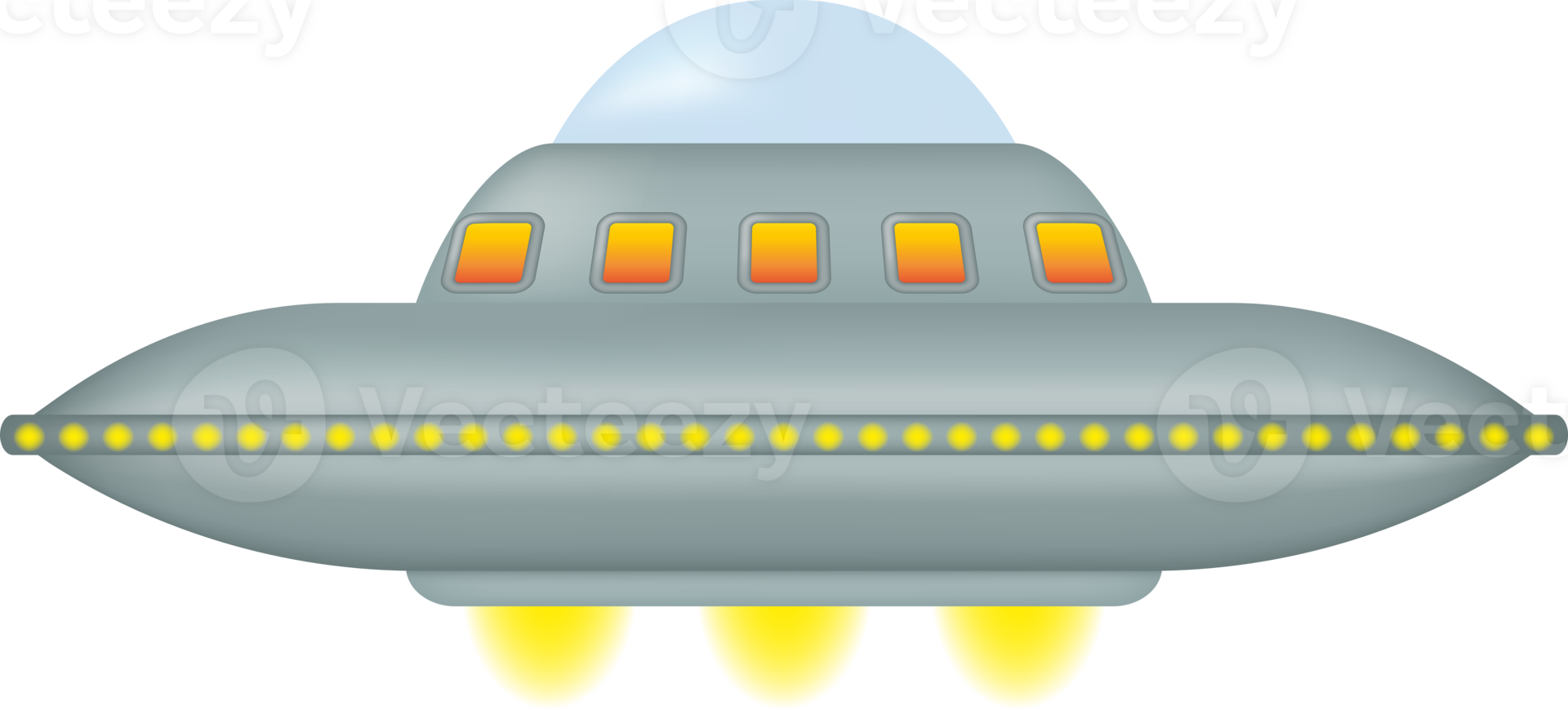Metallic grey UFO spaceship with glowing yellow lights. Isolated on transparent background. png