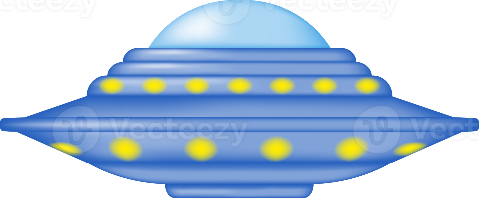 Futuristic blue flying saucer with glowing yellow lights. Isolated on transparent background. png