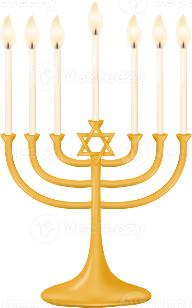 Traditional gold menorah with nine lit candles and Star of David. Isolated on transparent background. png