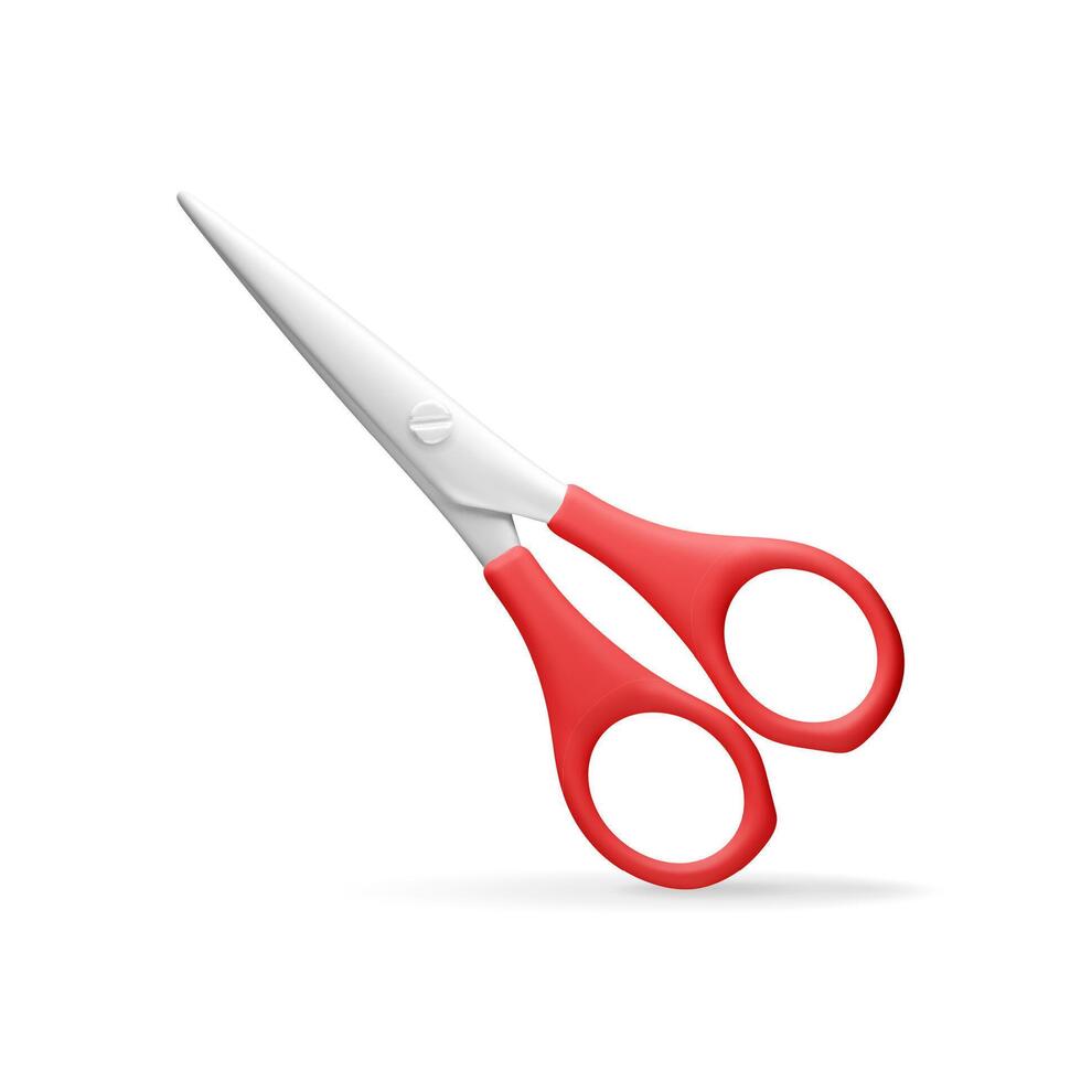 3D scissors with red plastic handles isolated on white. Render metal scissors icon. Stationery, office or school supply. vector