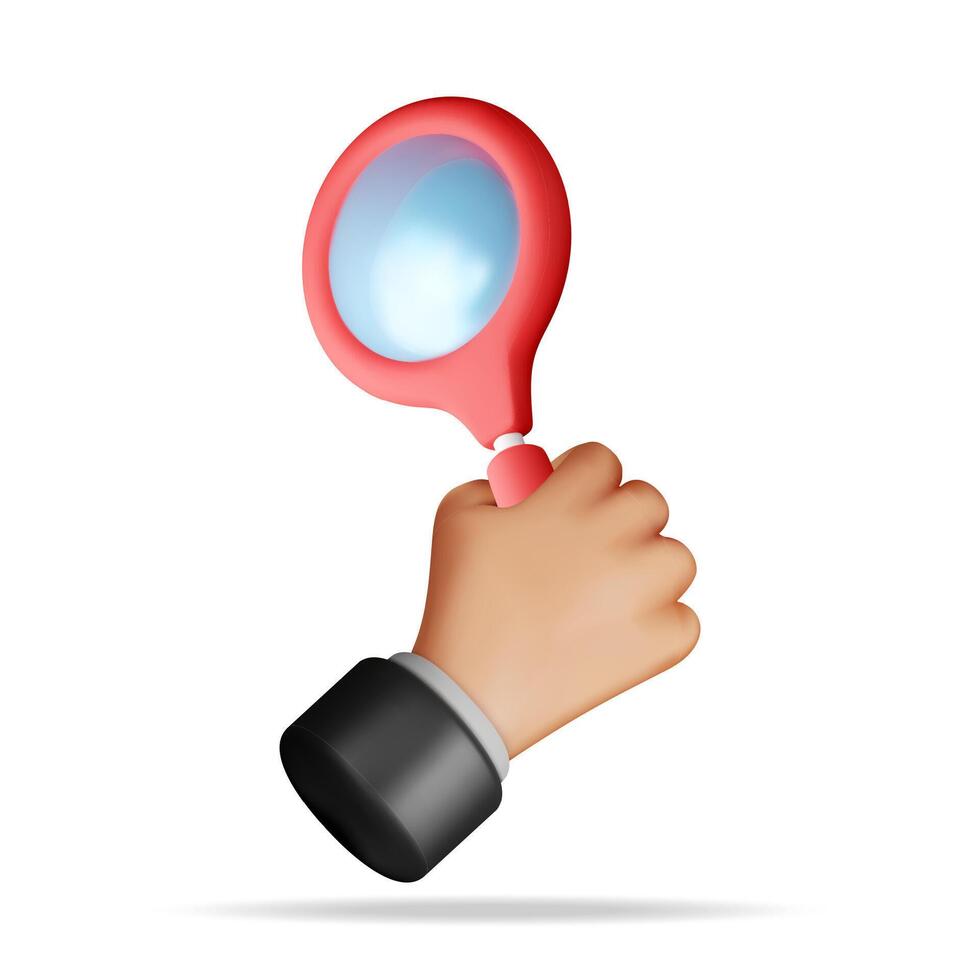 3D red magnifying glass in hand isolated on white. Render plastic cartoon zoom lens. Loupe tool icon. vector