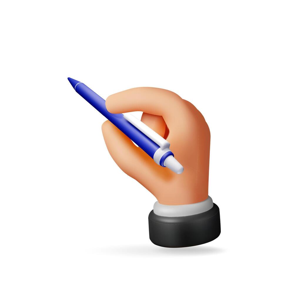 3D detailed classic ballpoint pen in hand isolated on white. Render black pen with button vector