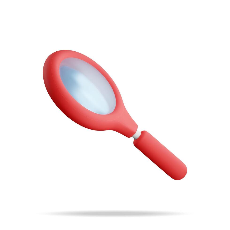 3D red magnifying glass isolated on white. Render plastic cartoon zoom lens. Loupe tool icon. Discovery, analysis, research vector