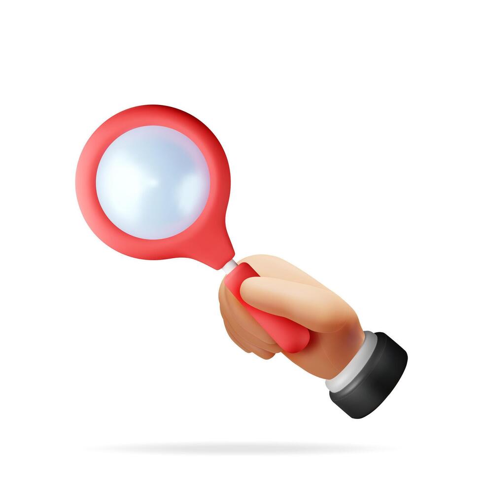 3D red magnifying glass in hand isolated on white. Render plastic cartoon zoom lens. Loupe tool icon. Discovery, analysis, research, investigation, search concept vector