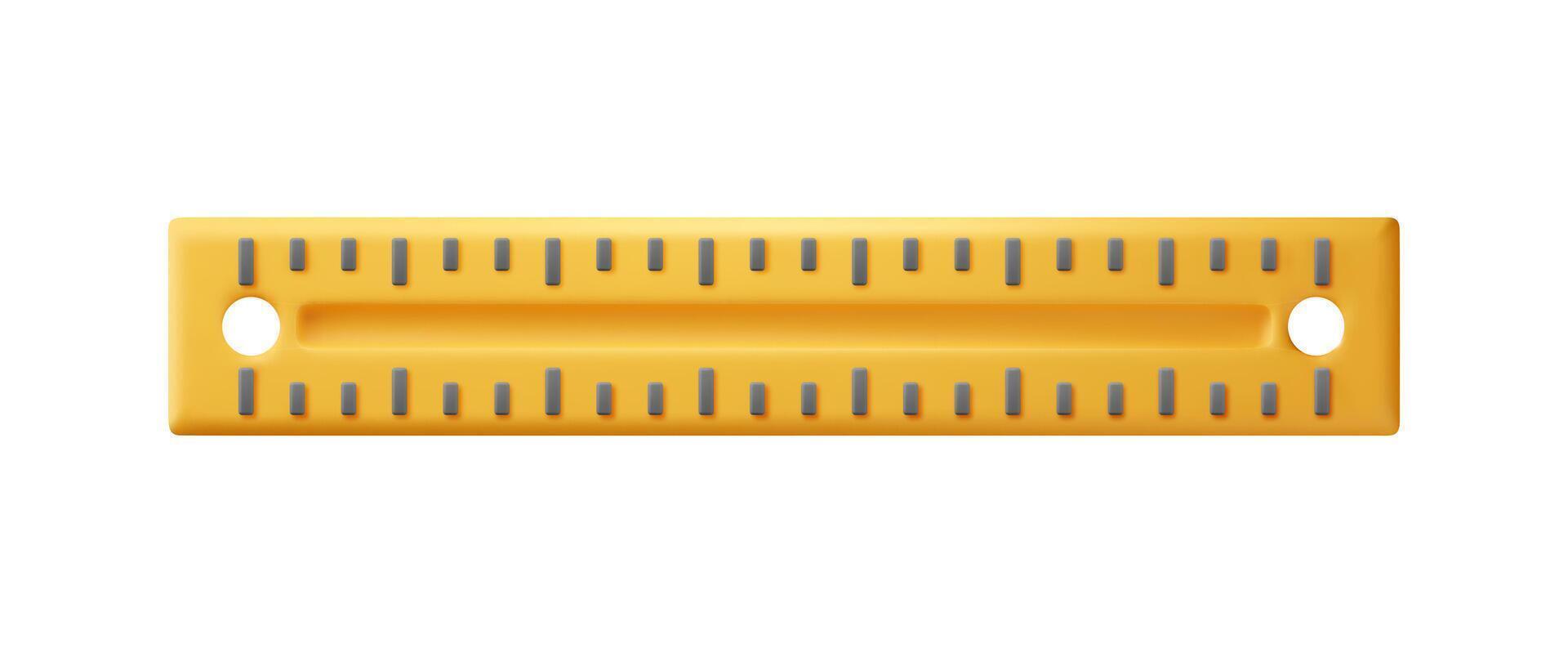 3D plastic measuring ruler isolated on white. Render yellow ruler for education and work. Stationery and office supply. Engineering tool vector