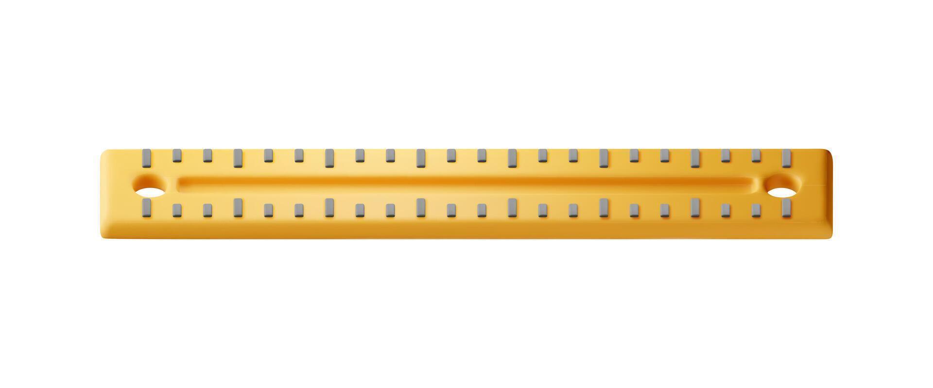 3D plastic measuring ruler isolated on white. Render yellow ruler for education and work. vector