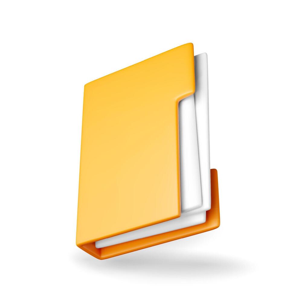 3D business folder full of papers isolated on white. Render yellow folder for correspondence, file for paper documents. Open folder icon vector