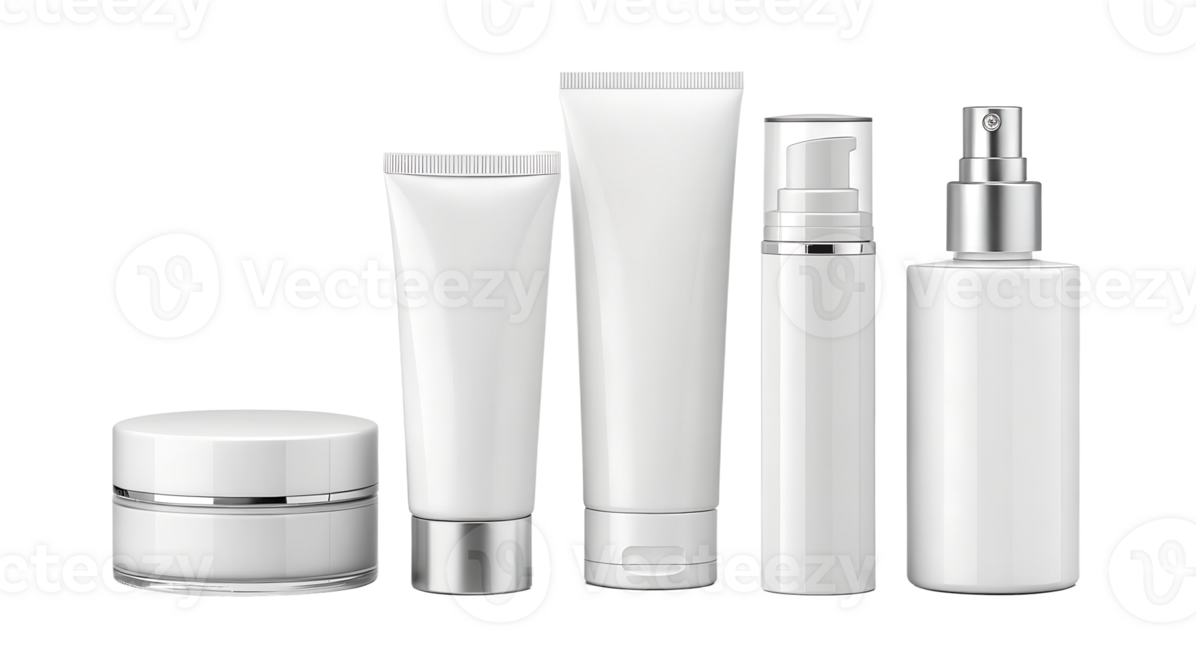 This image showcases a collection of blank, white cosmetic containers, perfect for branding mockups. png