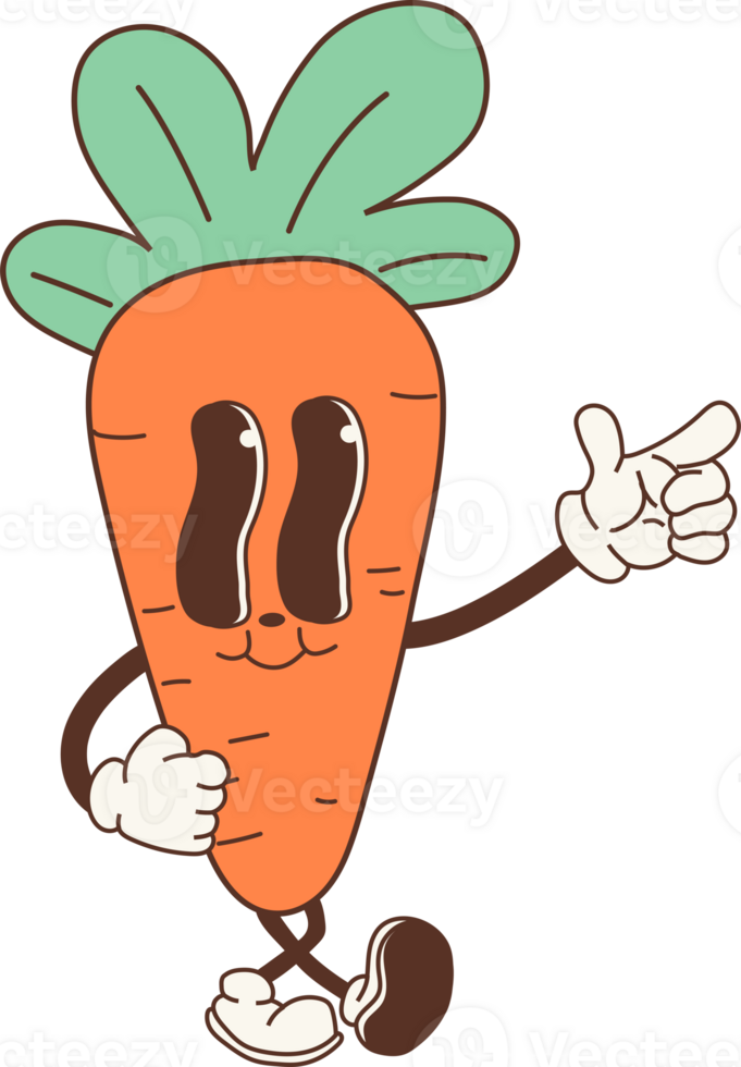 Groovy cute cartoon carrot character, with a funky retro style png