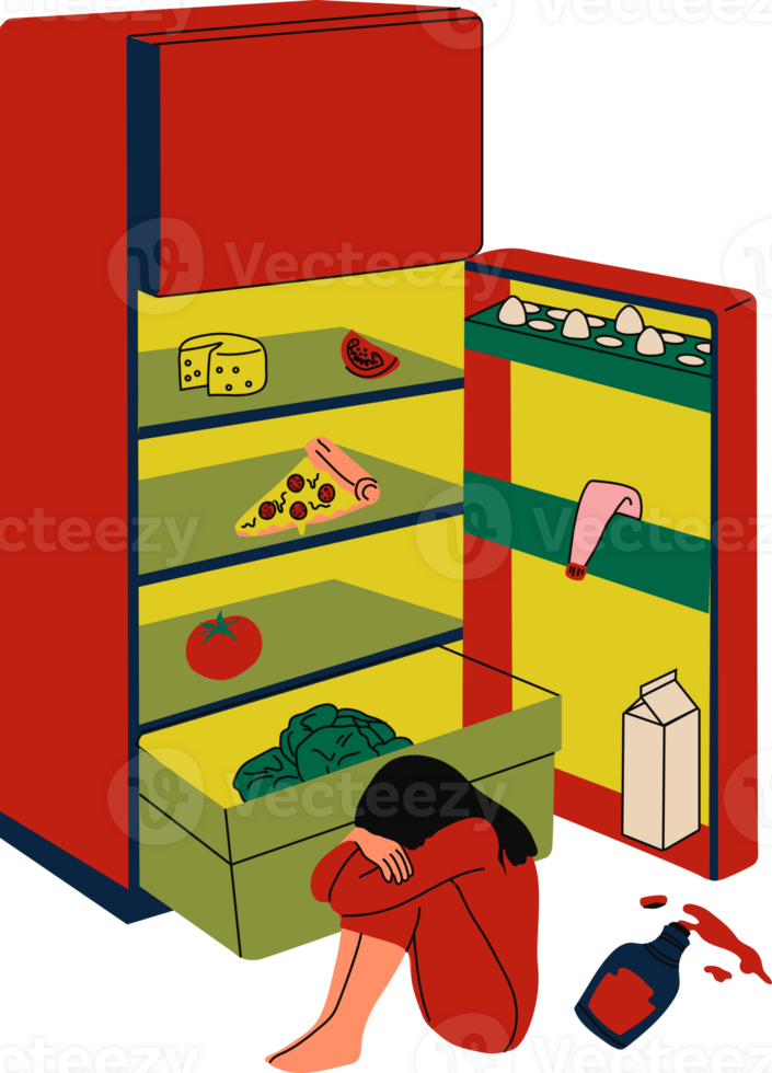 A woman sitting on the floor by an open fridge with scattered food, looking anxious symbolizing stress, depression, and household overwhelm png
