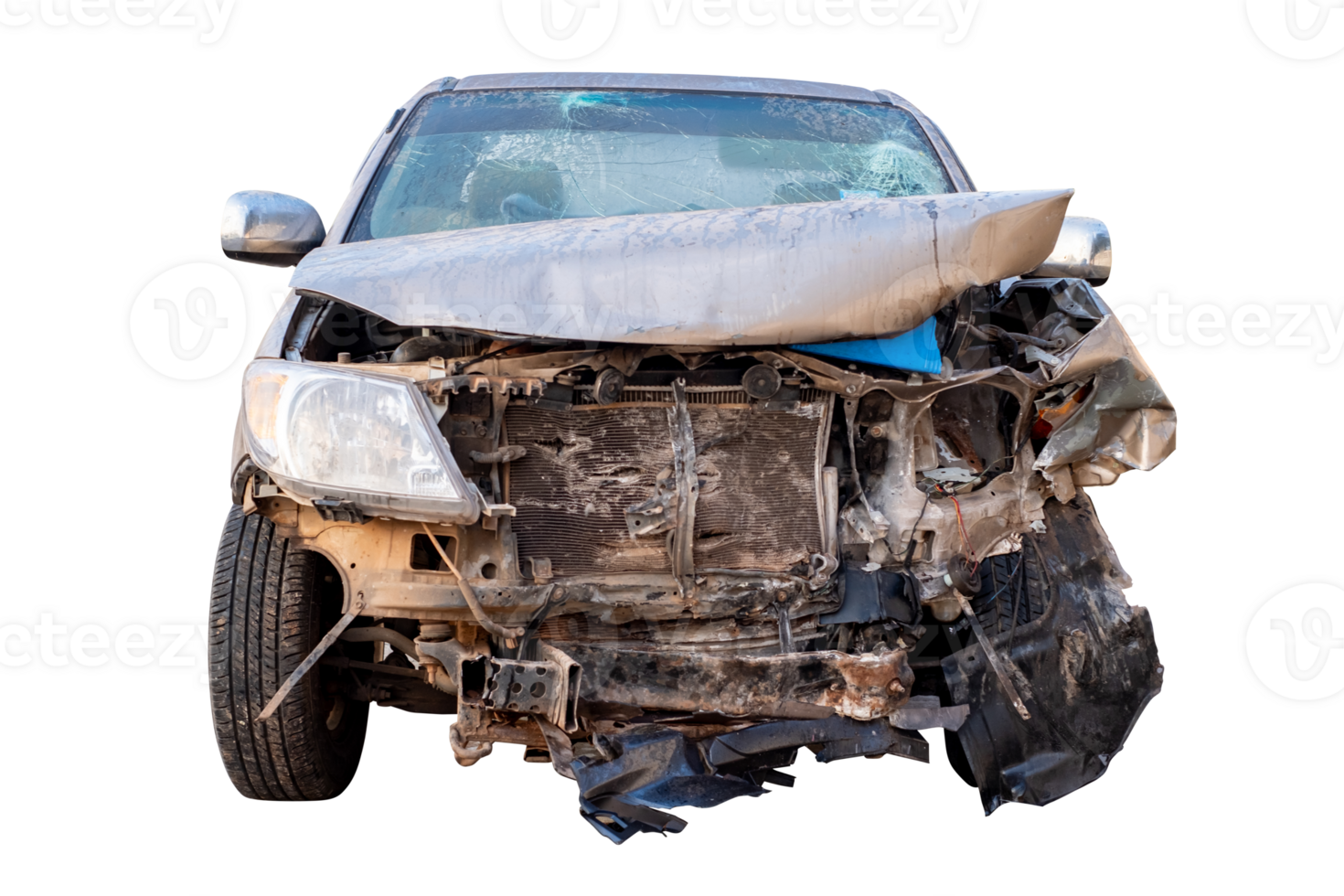 Car crash, Front view of white pickup car get hard damaged by accident on the road. damaged cars after collision. isolated on transparent background, File png