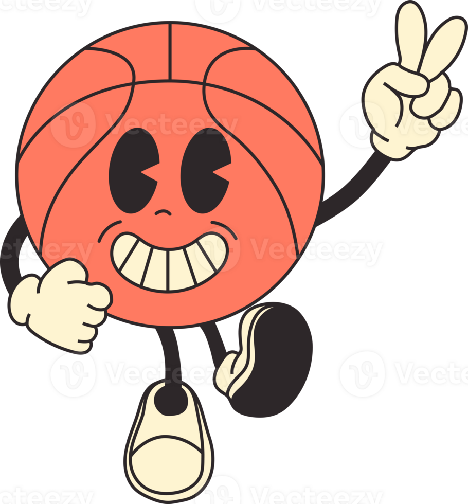 Groovy retro cartoon basketball character, with a playful 70s inspired design png