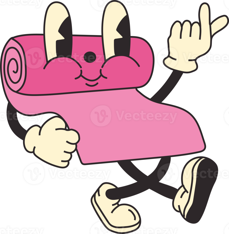 Retro cartoon style yoga mat character with a groovy 70s design. Colorful and playful, perfect for vintage wellness and relaxation themes png