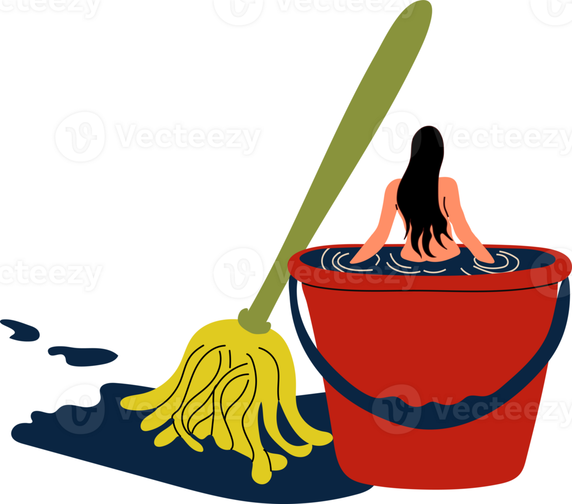A woman intensely focused on cleaning, showing anxiety symbolizing stress, depression, and the overwhelming burden of chores png