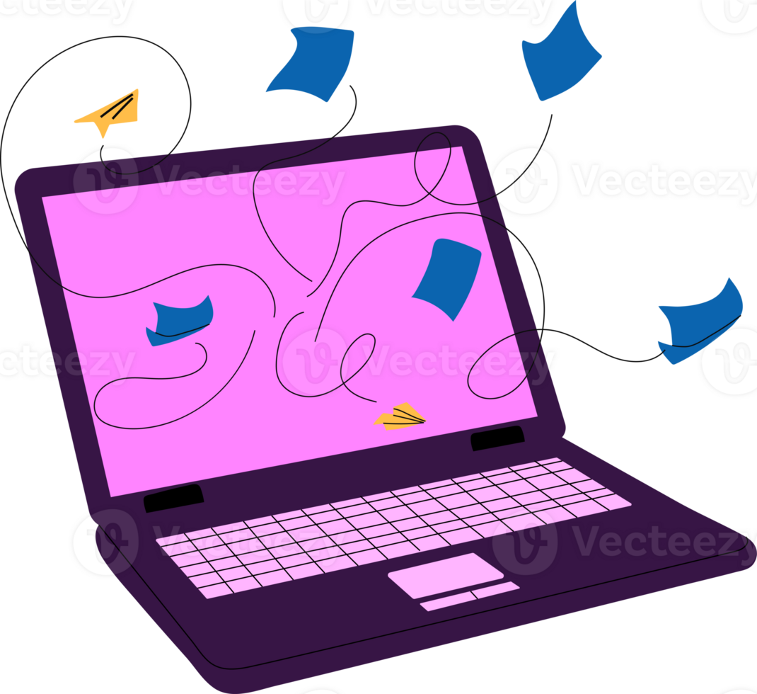 A laptop with paper airplanes soaring out, representing creativity, digital communication, and idea sharing in the modern world png