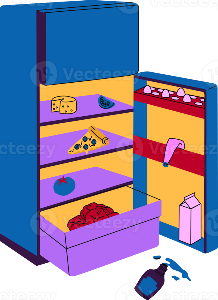 An open fridge with scattered food, symbolizing mess, disorganization, and food waste in everyday kitchen life png