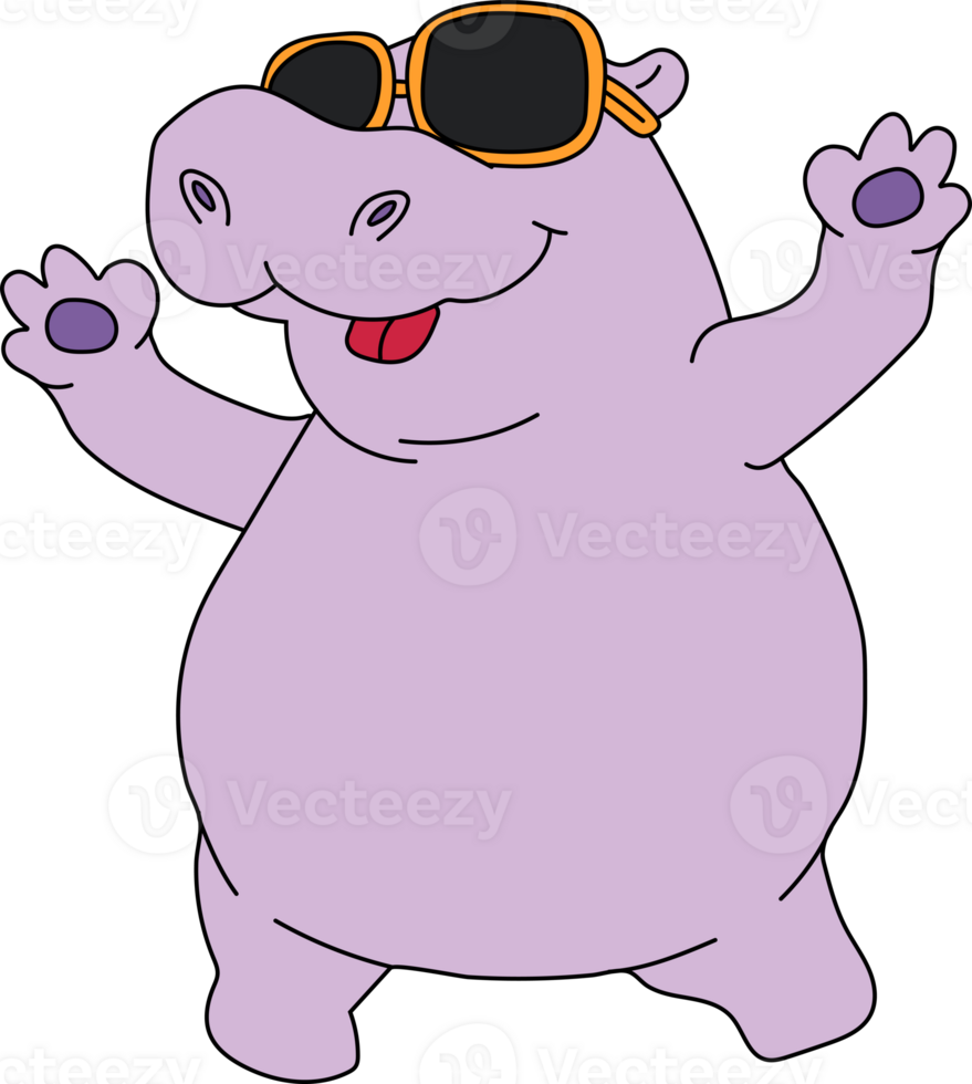 Cartoon hippo in sunglasses, waving with a cool and friendly vibe. png