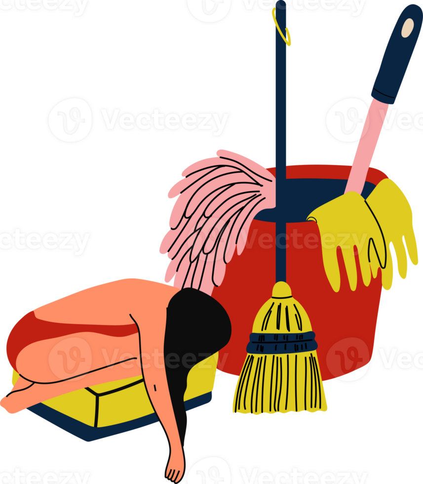 A woman frantically cleaning but struggling to keep up, with an overwhelmed expression representing stress, depression, and heavy household burdens png