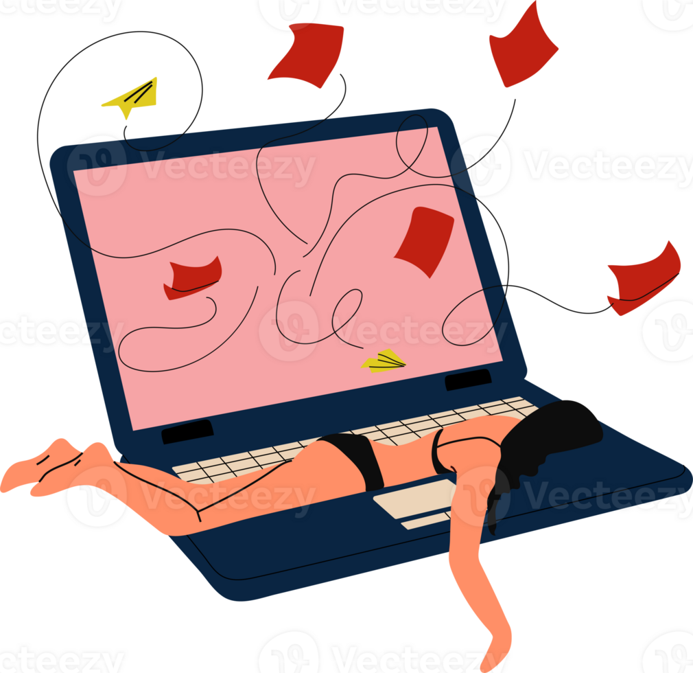 A woman slumped over her laptop with papers falling around her, looking anxious symbolizing stress, depression, heavy workload, and deadline pressure png