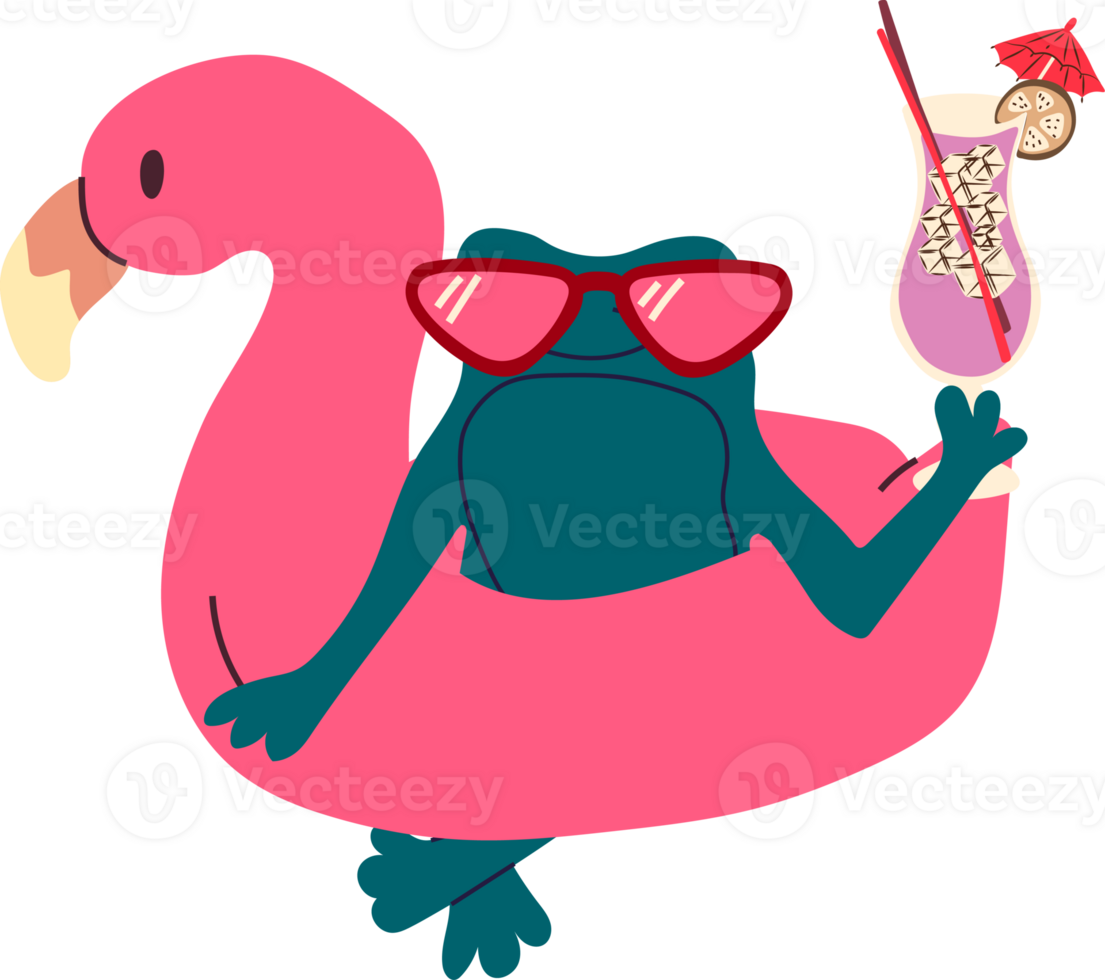 A cool cartoon frog wearing stylish sunglasses lounges on an inflatable flamingo, sipping a refreshing drink. The scene radiates a carefree summer vibe, with bright colors, a sunny atmosphere png