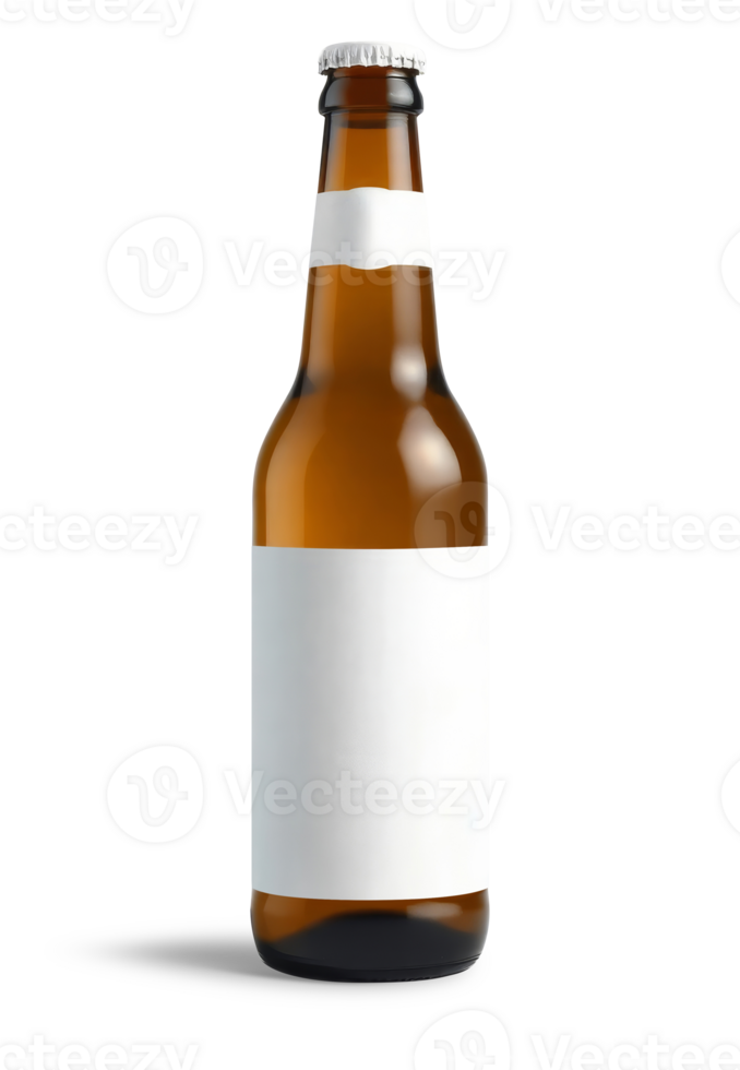 Brown beer bottle with blank white label isolated on transparent background png
