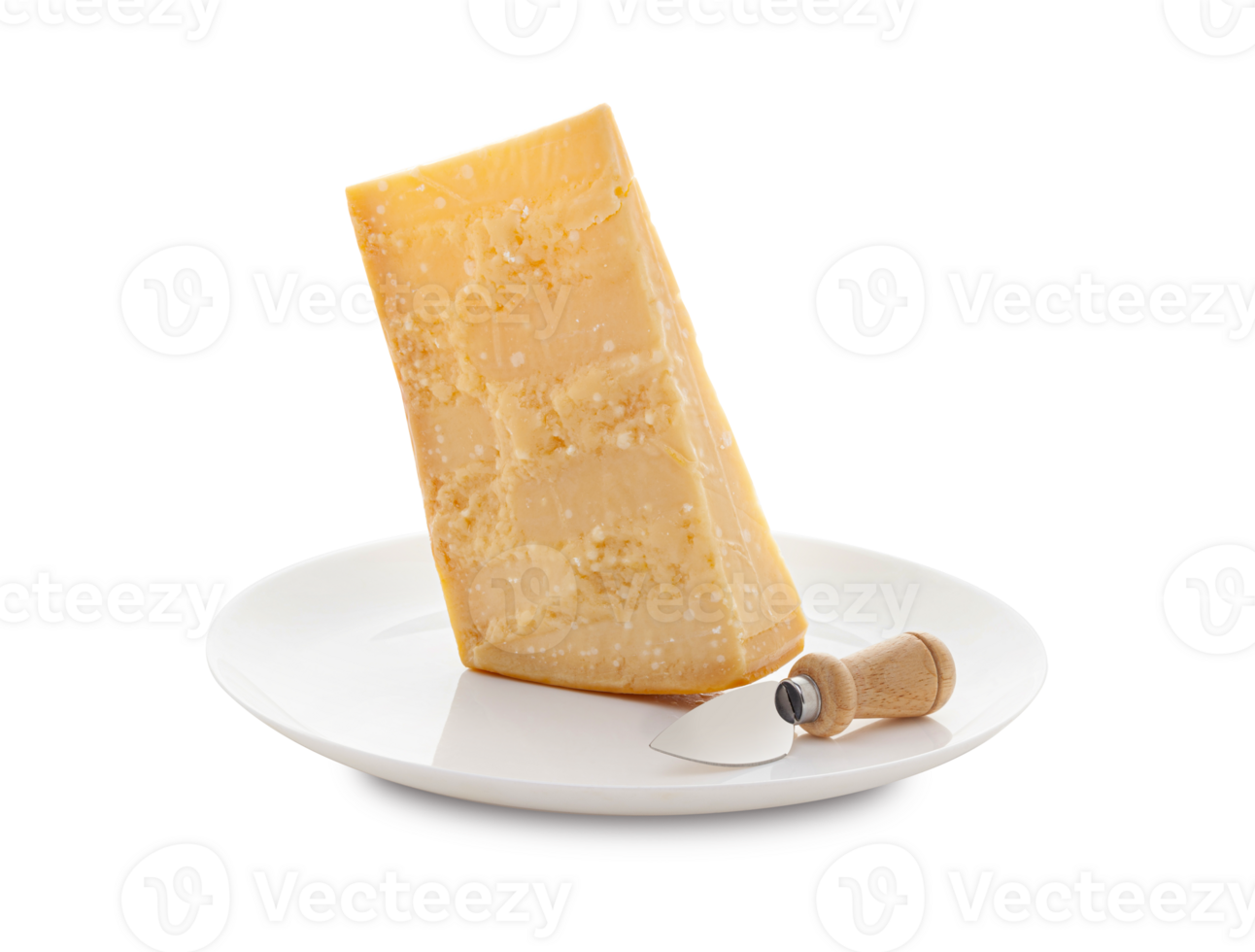 Aged parmesan cheese or parmigiano reggiano and a knife with a wooden handle for cheese on a white plate png