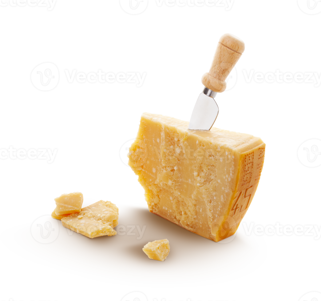 Aged parmesan cheese or parmigiano reggiano and a knife isolated on a transparent background png