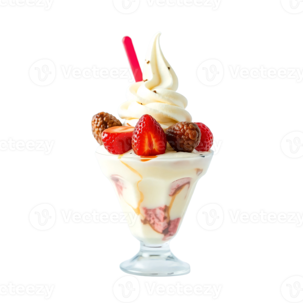 A sundae with strawberries and ice cream png