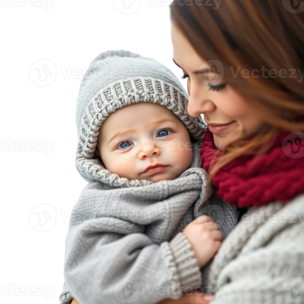 A woman holding a baby in a winter hat png