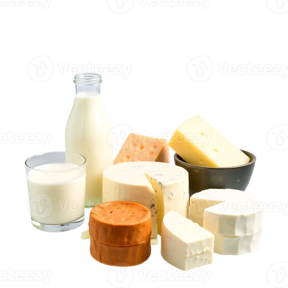 Various types of dairy products including milk, cheese and butter png