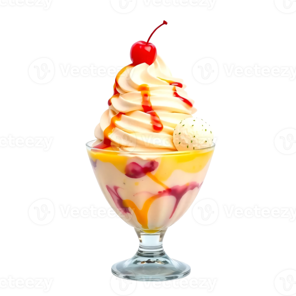 A dessert with whipped cream and a cherry on top png