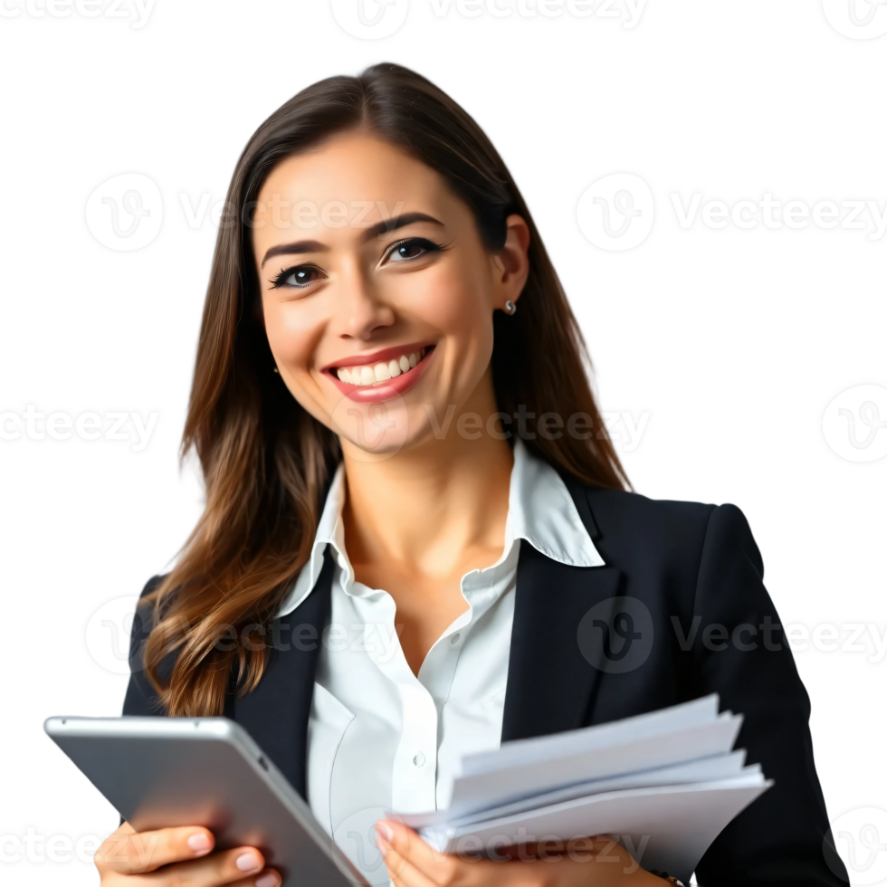 A smiling business woman holding a tablet and holding paperwork png