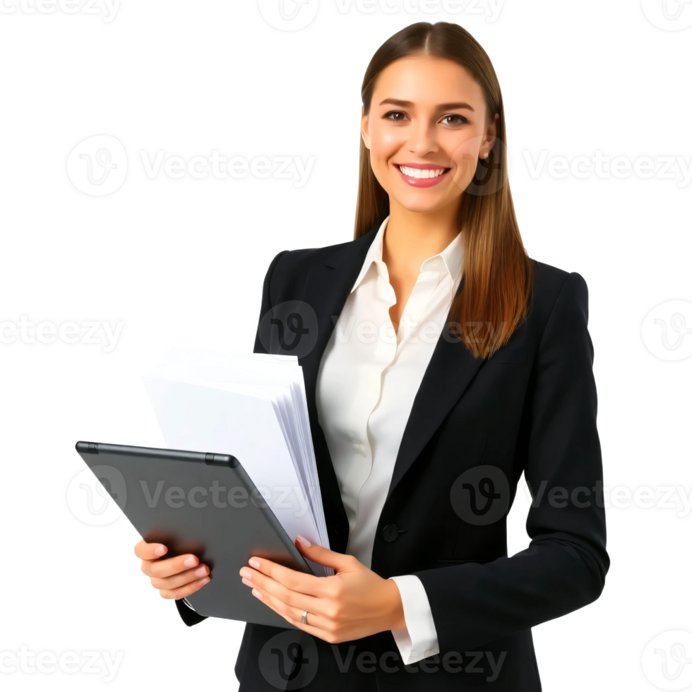 A smiling business woman holding a folder png