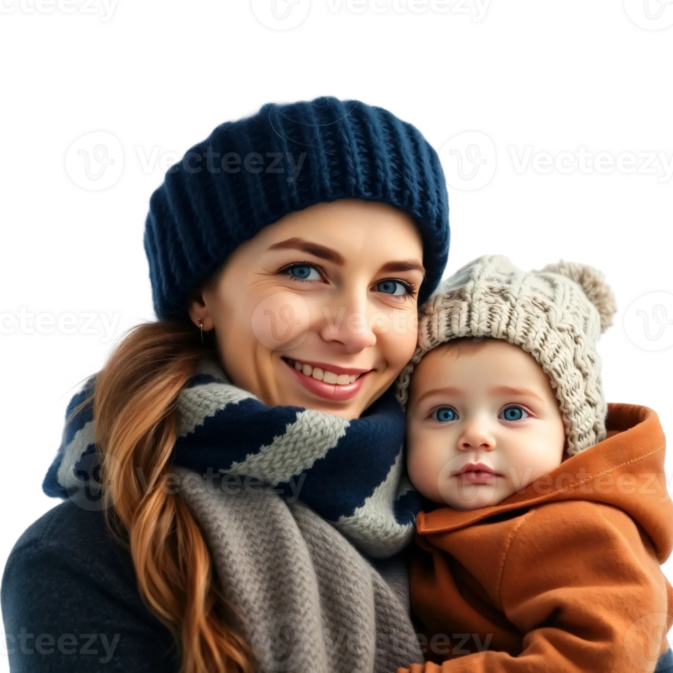A woman holding a baby in a winter hat and scarf png