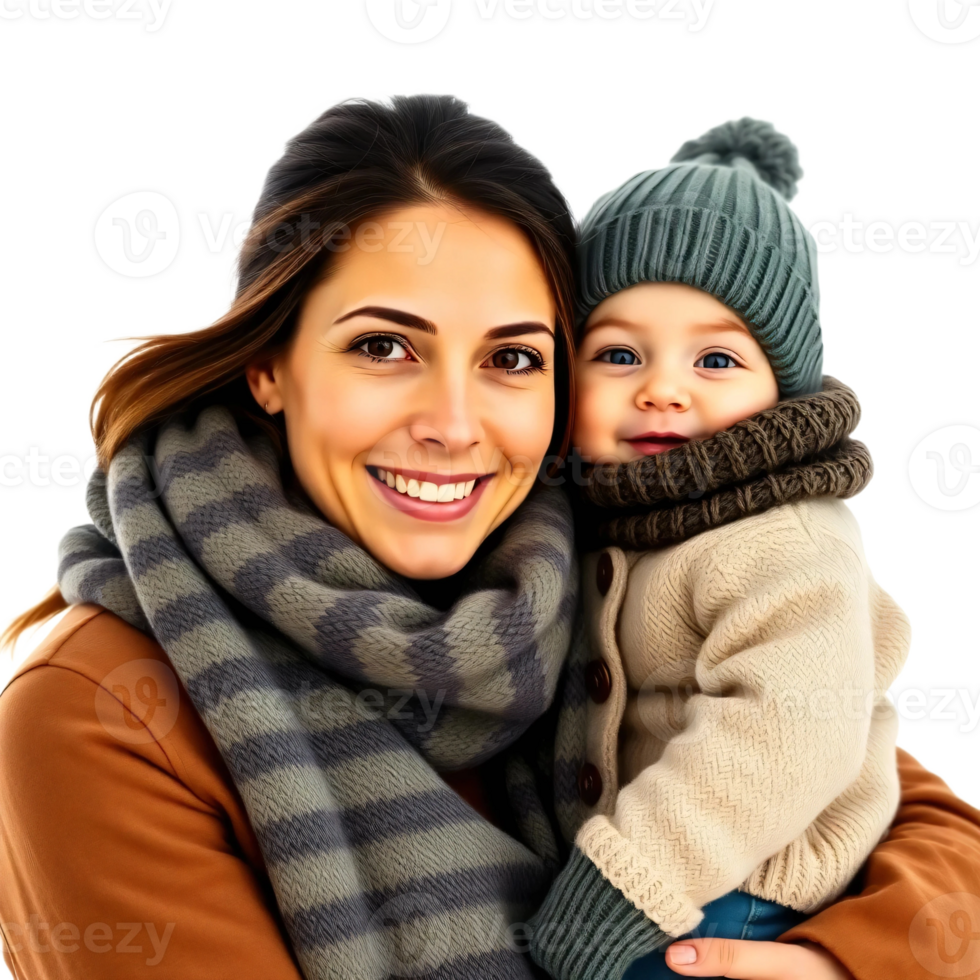 A woman holding a baby wearing a scarf and hat png