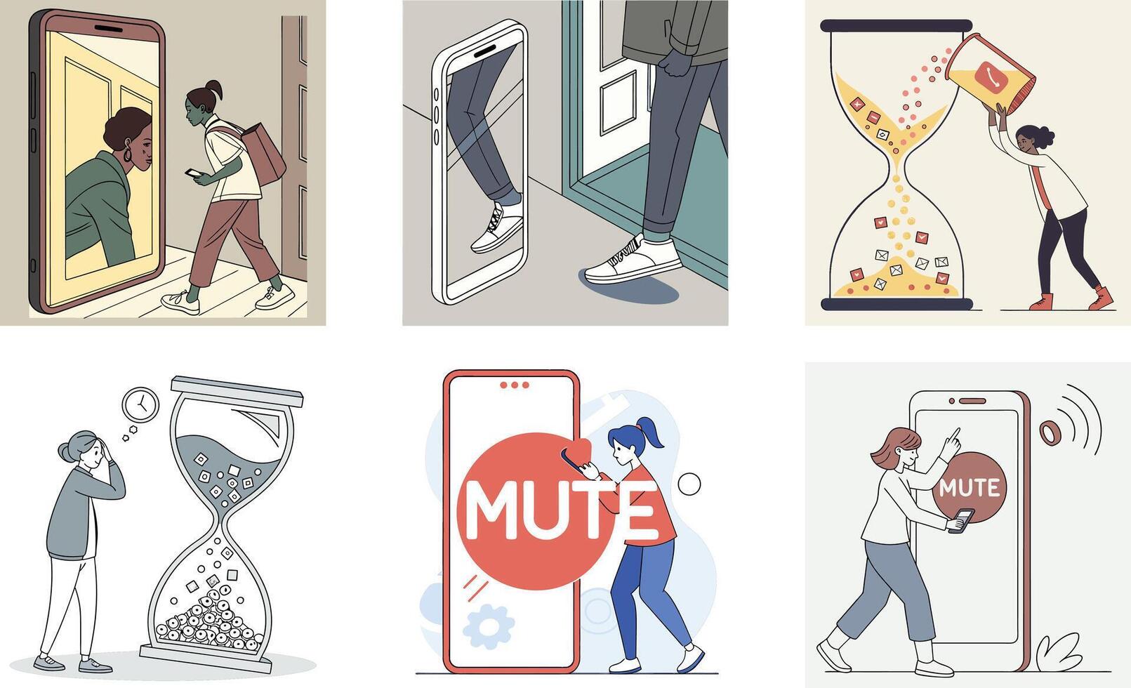 Four illustrations of people using their phones vector