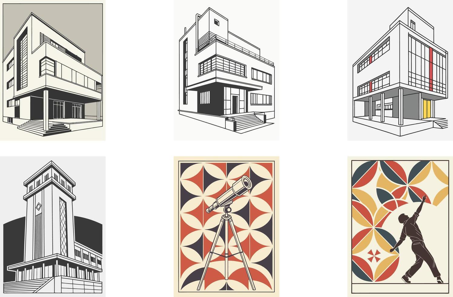 Four different illustrations of buildings and people vector
