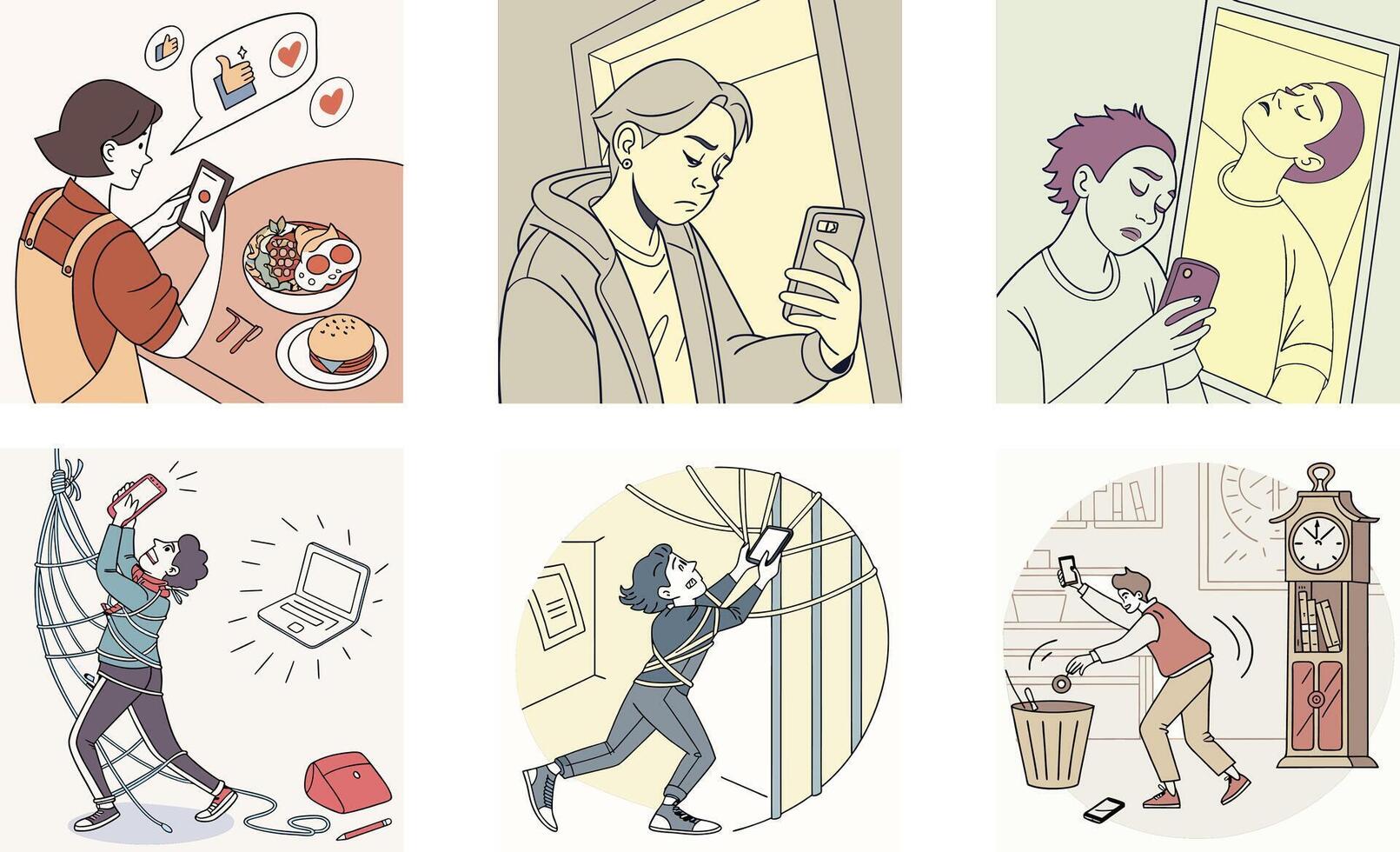 Four illustrations depicting people using their phones vector